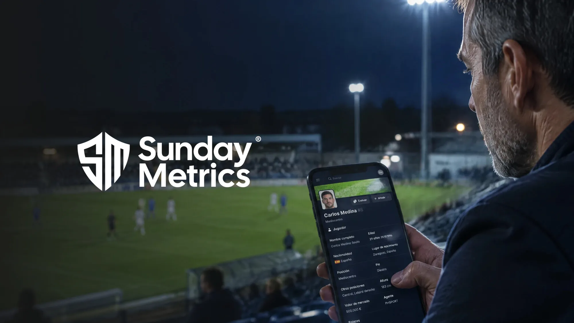 Sunday Metrics logo over a scout in a stadium at night checking a player profile on the app
